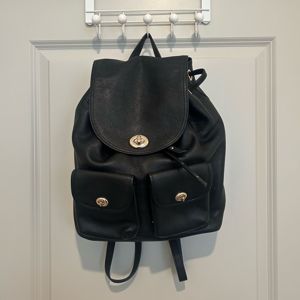 Coach Black Leather Backpack with Gold Accents